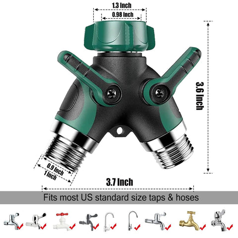 Garden hose splitter 2-way with long green and black handles; Amazon brand, standard 3/4 inch fittings.