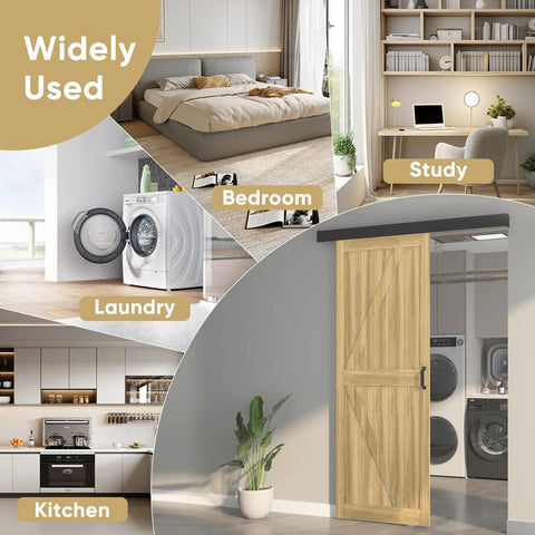Modern spaces with six foot sliding barn door hardware track kit with handles in black, laundry, kitchen, bedroom, and study.