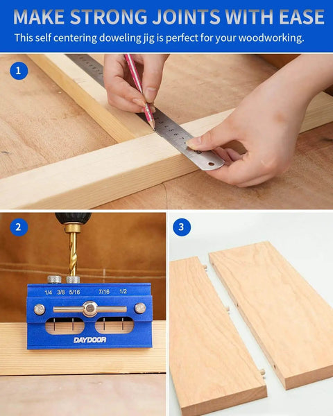 Pro-Grade 6.7 Inch Self Centering Dowel Jig Kit With Wide Capacity Doweling Jig And Drill Guide For Woodworking, Blue, in use