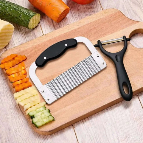 Crinkle Cutter And Waffle Fry Cutter Set With Peeler For Potatoes And Vegetables, Stainless Steel Kitchen Tool on cutting board