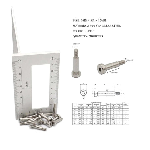 30 Pack Hex Socket Shoulder Bolts 5mm Diameter, M4 Thread, 15mm Length, 304 Stainless Steel Silvery Finish, diagram and ruler view