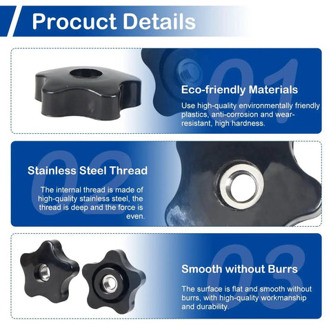 Diagram highlighting features of 7 Pcs 5/16-18 Thread Knob Nuts Black Star Knobs for jigs and T track bolts