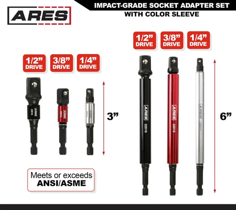 ARES 6-piece impact-grade socket adapter set with color sleeves; 1/4, 3/8, 1/2 in drives; 3 inch and 6 inch lengths.