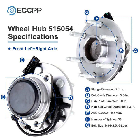 Specifications of 2 Pack Beefy Front Wheel Hub Bearing Assembly With ABS For 6-Lug GM Vehicles Including Express 1500 Silverado 1500 Savana 1500 Sierra Yukon Escalade Avalanche 1500 2WD Only OE 515054, showing detailed measurements.