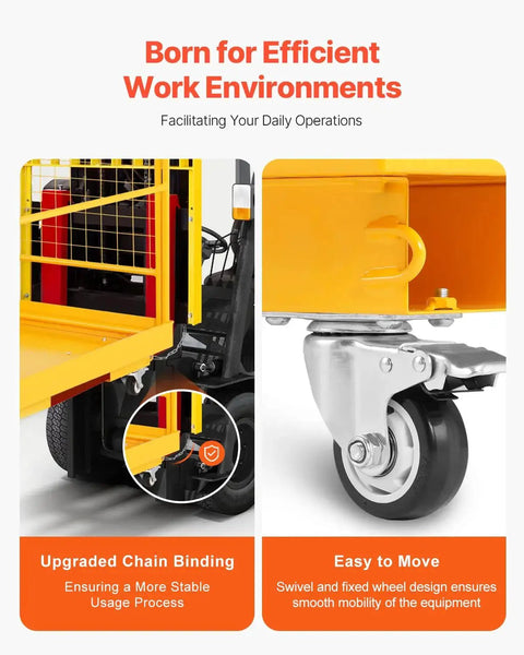 Forklift Safety Cage Work Platform 1200 Lb Load Capacity Collapsible With Wheels shown with sturdy wheel design