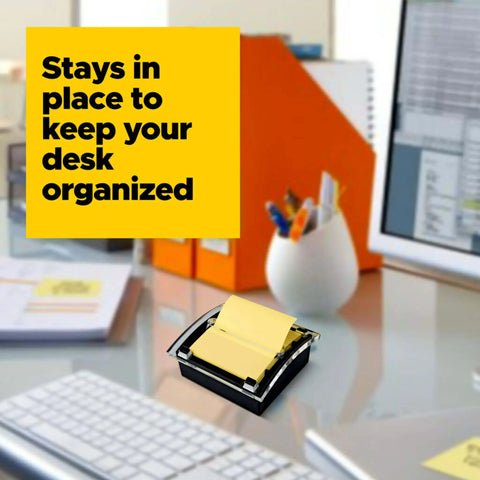 Pop-up sticky note dispenser with one 50-sheet canary yellow 3 in x 3 in pad, black base and clear lid desktop holder on desk