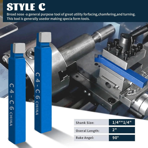 Two C4-C6 blue carbide lathe cutter tools next to a metalworking lathe setup with style and measurements info displayed.