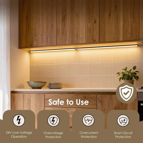 Kitchen with Six Piece Slat Wall Light Kit For Wood Panels With Adhesive Black LED Strips installed under cabinets, warm lighting