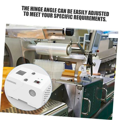 Packing machine with adjustable hinge angle and caption text describing hinge adjustment capabilities.