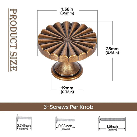 Antique Brass Cabinet Knobs Set 1.4 Inch Vintage Dresser Drawer Pulls 4 Pack With 3 Screw Sizes 19mm 25mm 1 Inch size details