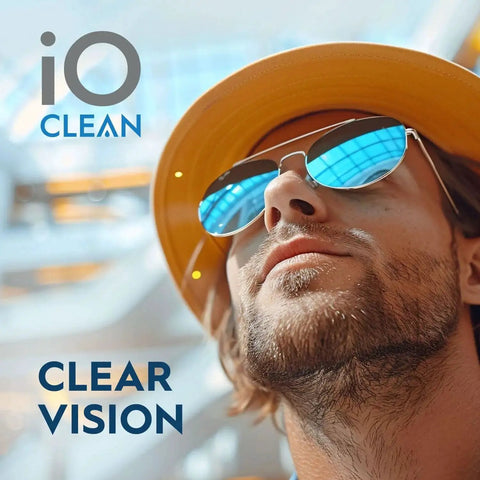Man wearing sunglasses with reflective blue lenses and yellow hat promoting Eyeglass Lens Cleaner Spray Kit For Glasses And Screens With 2 Microfiber Cloths
