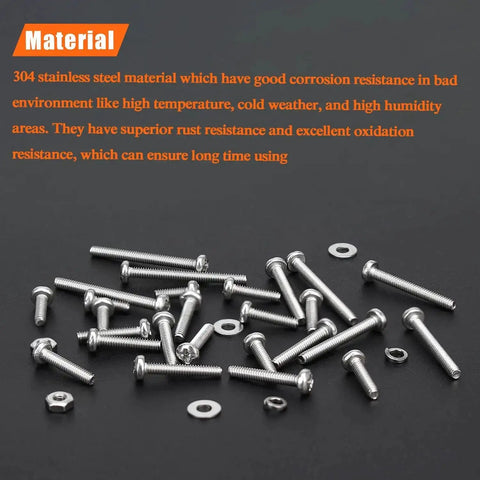 All In One Stainless Steel M2.5 Machine Screw Kit With Phillips Pan Head, various screws and washers shown, 304 stainless steel