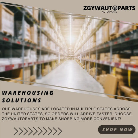 Interior view of a warehouse aisle with shelves stocked with auto parts at ZGYWAUTOPARTS, highlighting warehousing solutions.