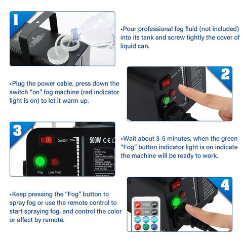 Instruction guide for setting up the 500W Fog Machine with 9 LED lights and 12 color effects, showing fluid filling and button usage.