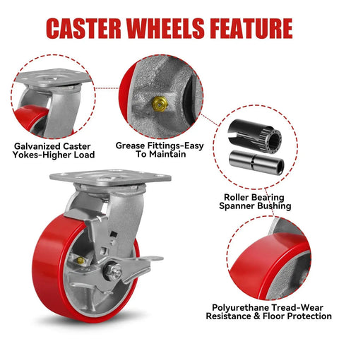 5 Inch By 2 Inch Plate Swivel And Brake Caster Wheels Set Of Four Heavy Duty Cast Iron Wheel With Polyurethane Non Marking Red Tread