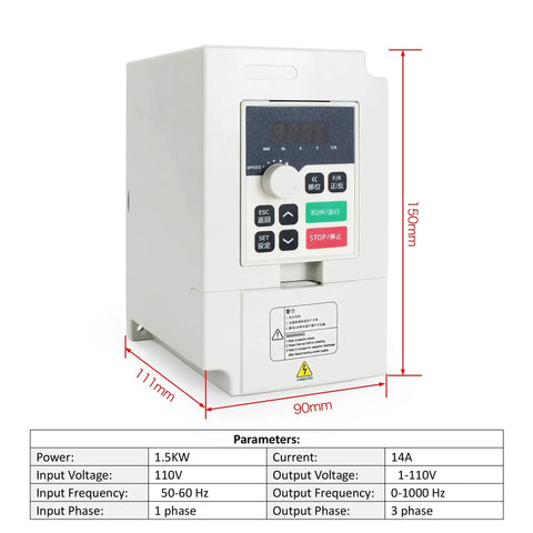One Point Five KW 110V VFD Inverter Converts Single Phase To 3 Phase For CNC Router Spindle Motor Controller, dimensions shown