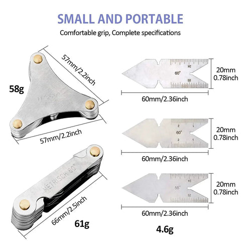 Stainless Steel Thread Pitch Gauge Set For Metric SAE Whitworth And British Standards, showing compact size and clear markings.