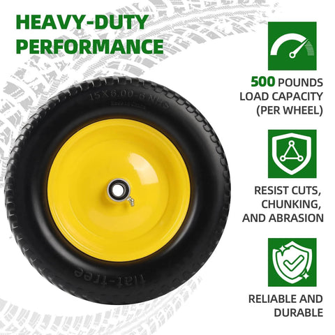 Flat-free tire with a yellow rim, text highlighting load capacity and durability for a John Deere riding mower.