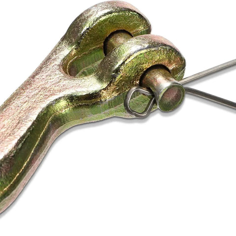 Close-up of 1/4 inch clevis grab hook for 6mm chain, G70 forged steel, chromate finish showing pin detail for secure lashing and towing.