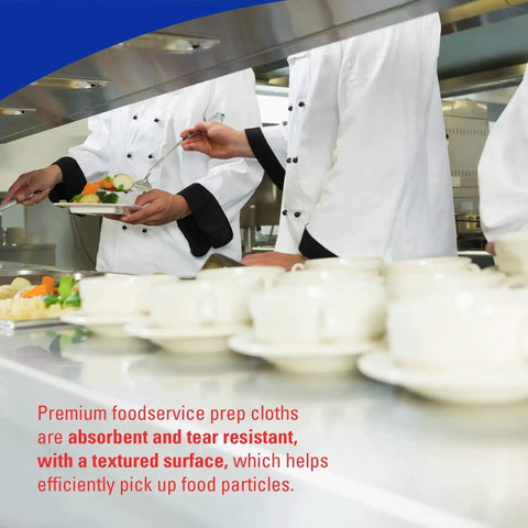 Chefs using CriticalClean High Capacity Heavy Duty Foodservice Cloths Quarterfold Towels at busy restaurant