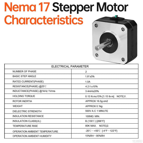 Specifications of Nema 17 Stepper Motor 2 Phase 1.8 Degree High Torque Bipolar 0.13Nm for CNC, 3D Printer