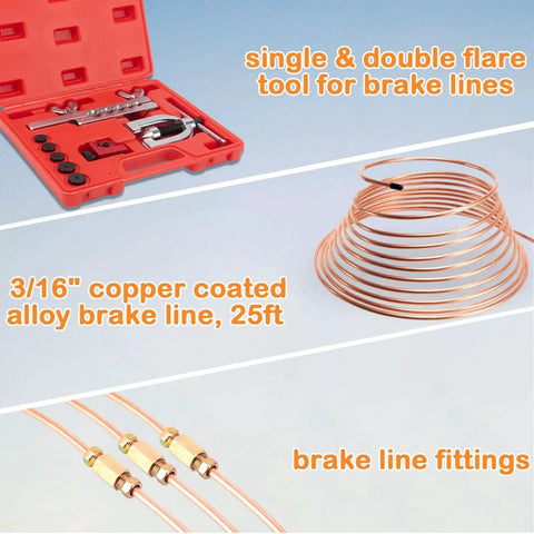 3/16 Inch Brake Line Repair Kit Flaring Tool Cutter Bender 25ft Coated Line with copper tubing and fittings