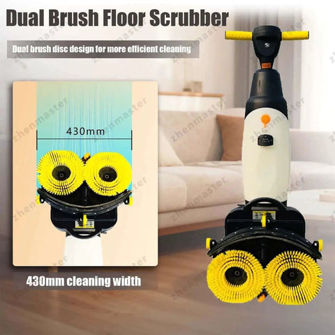 Cordless 3-In-1 Floor Scrubber And Washer Dryer, 17-Inch Wide Dual Tank System, Lightweight 44 Lb, dual brush design shown