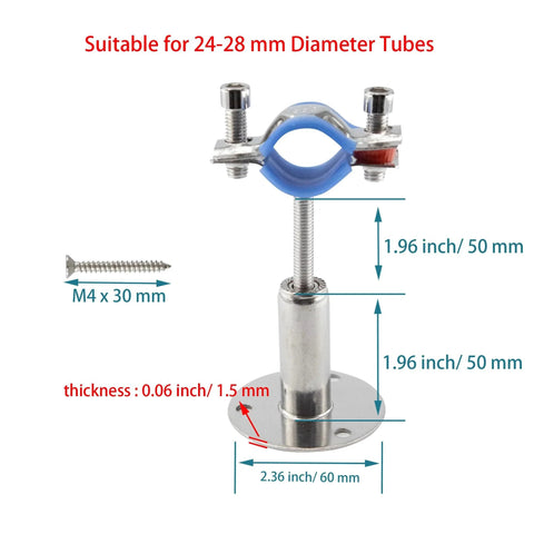 Heavy Duty 304 Stainless Steel Wall And Ceiling Pipe Mounts Two Pack With Adjustable Clamp Brackets For 24 To 28mm Tubes Height Adjustable From Fifty To One Hundred Millimeters Includes Screws Anchors And Hex Wrench, showing a clamp with dimensions.