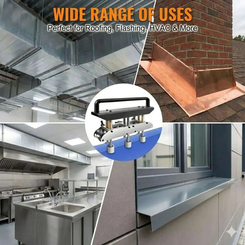 3 Station Edge Roller Bender used for sheet metal roofing, HVAC drip edges, and steel or aluminum flashing in various installations