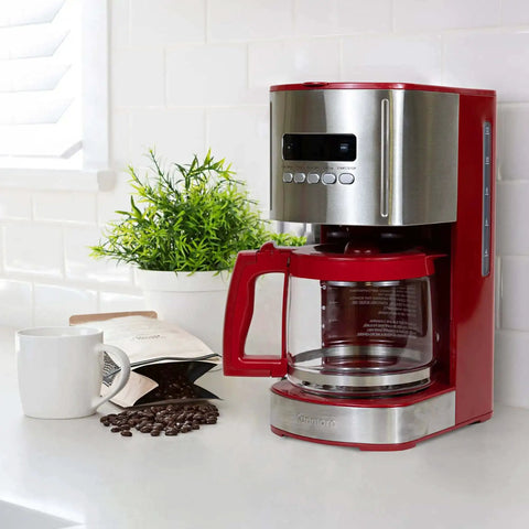 Red 12 Cup Programmable Drip Coffee Maker With Auto Shut Off And Glass Carafe, Regular Or Bold Brews, on kitchen counter
