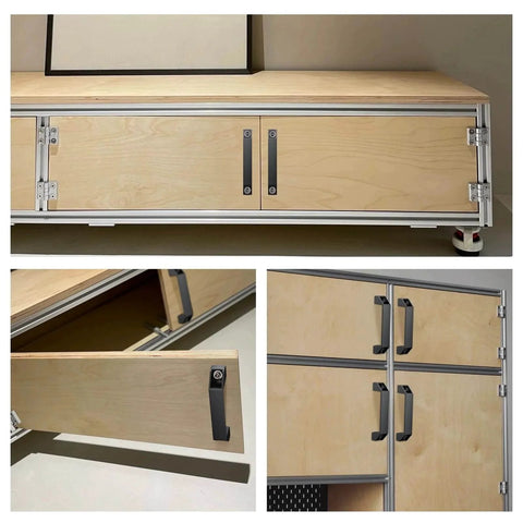 4 Pack 3030 Aluminum Handle Set With 120mm Hole Distance And Rectangular Industrial Pull Handles For 30 Series European Standard Aluminum Extrusion Profiles Black Finish on wooden cabinet drawers