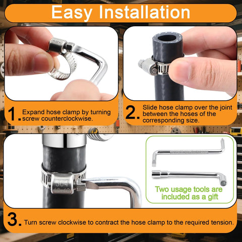 Hose clamp set, 175pcs, 304 stainless, worm-gear, 1/4"–2" range, installed on hose with included tools.
