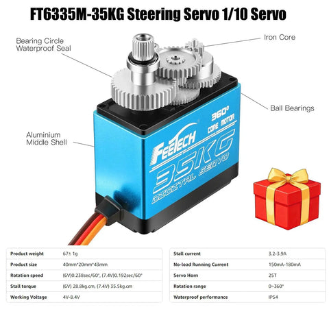 FEETECH FT6335M 35KG servo; blue aluminum housing with exposed metal gears and compact gearbox.