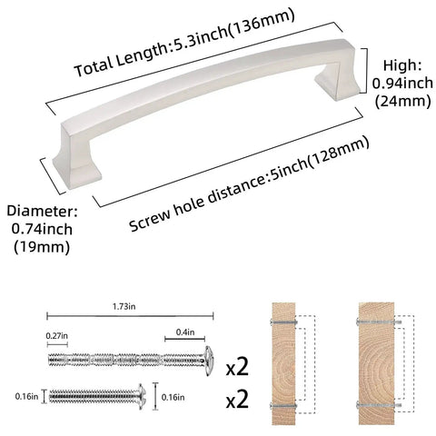 Dimensions and components of the 10 Pack 5 Inch Brushed Satin Nickel Cabinet Handles with included screws.