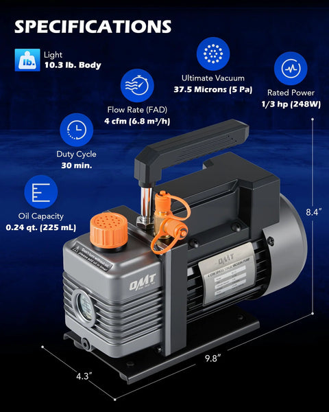 Orion Motor Tech AC vacuum pump with gauge kit, 1/3 hp, 4 CFM, with hoses and accessories for auto HVAC