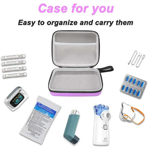 Portable Nebulizer Case For Travel Medical Kit showing open view with accessories, durable purple medical case to organize inhaler gear.