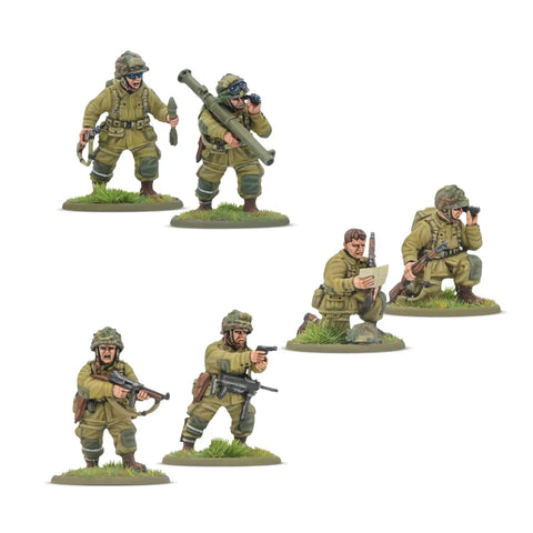 Bolt Action Currahee Us Airborne D Day Starter Army Miniatures Set for WWII tabletop wargaming showing paratrooper figures on grass bases.