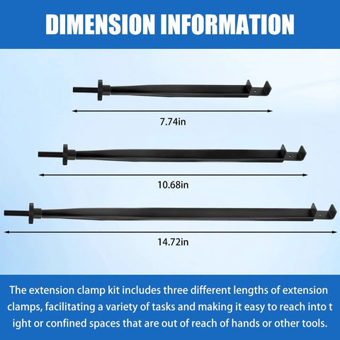 Adjustable Extension Clamp Wrench Tool For Tight Spaces That Holds Nuts Bolts And Hose Clamps With Three Interchangeable Extension Lengths And A Thumbwheel Adjustable Clamp For Reaching Into Confined Areas And Fastening Securely, displayed with three length dimensions.