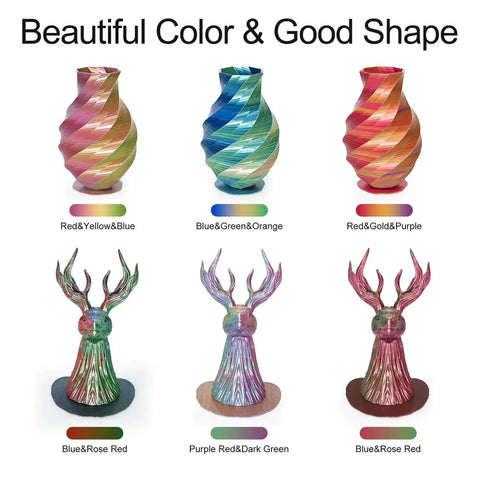 Tri Color Silk PLA 3D Printer Filament Bundle 1.75mm Color Changing Silk PLA Multicolor Filament Pack With Four 250g Spools For Dope 3D Printing Projects, showcasing vases and figurines in vibrant color combinations like Red-Yellow-Blue, Blue-Green-Orange, and Red-Gold-Purple.
