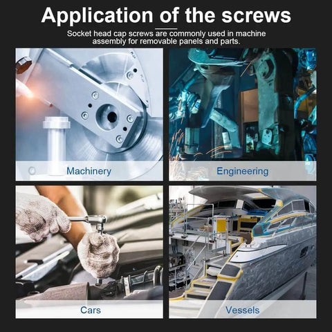 Application of Black And Silver Hex Socket Head Screw Set With Nuts And Flat Washers in machinery, engineering, cars, vessels