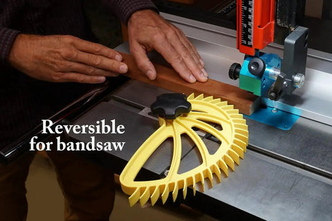 Featherboard for table saws with quick one handed adjustments for safer faster and more accurate cuts fits standard three quarter inch miter slots on most saws including Bosch and Ryobi not for five eighths inch slots Hedgehog, shown in yellow on bandsaw