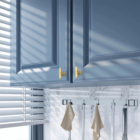 Brushed gold cabinet knobs on blue kitchen cabinets, 10 Pack Brushed Gold Cabinet Knobs 1.46 Inch 37mm Single Hole Rectangle Drawer Pulls for Cabinets Dressers Bathrooms Easy To Install with 120 Days After Sales Guarantee ZH0067