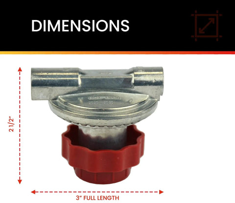 Front view of 0-10 Psi Adjustable Propane Regulator for Smokers and Turkey Fryers with dimensions and red control knob.