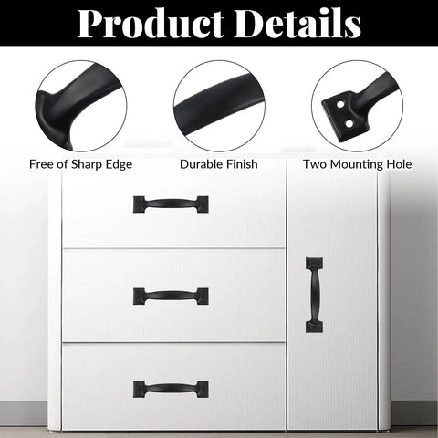 Two 5.5 Inch Black Door Pulls With Mounting Screws On White Cabinet Display, Free of Sharp Edge, Durable Finish, Two Mounting Holes