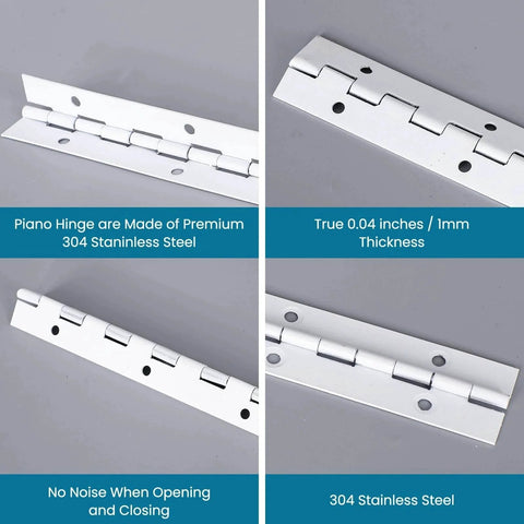 White Stainless Steel 10-Inch Heavy-Duty Piano Hinge Continuous Style with 1.2-Inch Open Width, details on thickness and material.