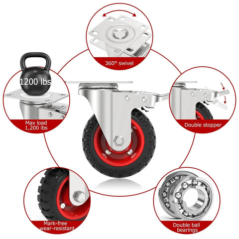 Diagram of 4 Inch Swivel Caster Wheels with dual locking and rubber tires, highlighting key features like 360° swivel, double stopper, and load capacity.