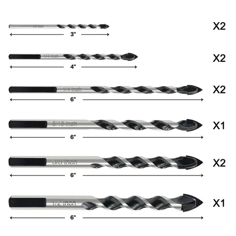 Industrial Grade Masonry Drill Bit Set For Brick Tile Cement Concrete, 10 Piece, One Eighth To One Half Inch, Tungsten Carbide Tips