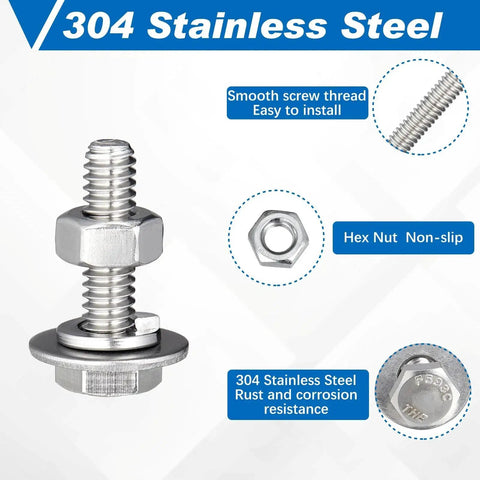 80 Piece Stainless Steel Hex Head Bolt Kit With 20 Bolts, 20 Nuts, 20 Flat Washers And 20 Lock Washers, corrosion-resistant