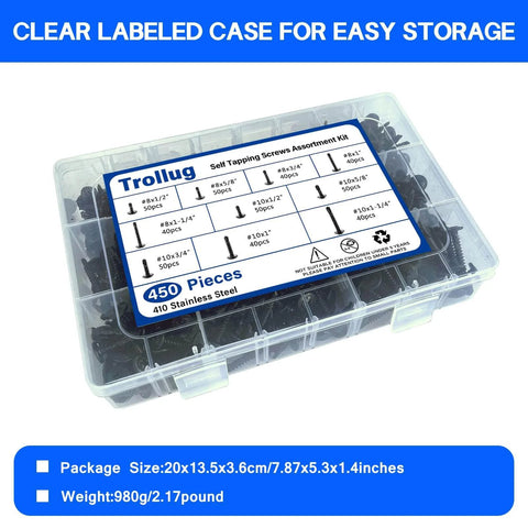 450-piece self-tapping screws assortment in plastic case; Trollug, 410 stainless steel, #8-#10, 1/2-1-1/4 in length.