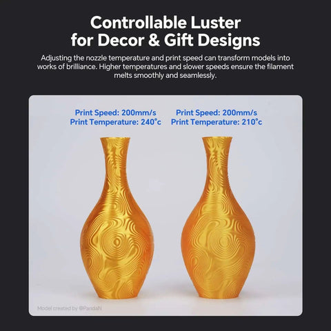 Two decorative vases printed with Silk PLA 4KG Bundle for 3D Printing, showcasing different print speeds and temperatures for lustrous finish.